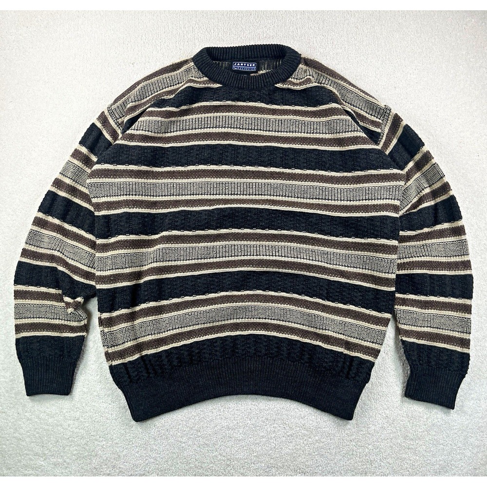 Vtg Jantzen Classics 3D Knit Sweater Men's XL  Striped Earth Tones Coogi Style